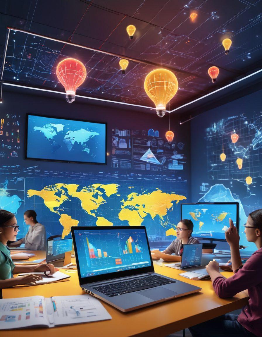 A vibrant classroom scene, filled with diverse students engaged in online assessments on laptops, surrounded by digital elements like charts and graphs floating in the air, glowing lightbulbs to symbolize ideas, and books representing knowledge. The background features a digital world map, suggesting global learning connections. bright colors. 3D. super-realistic.
