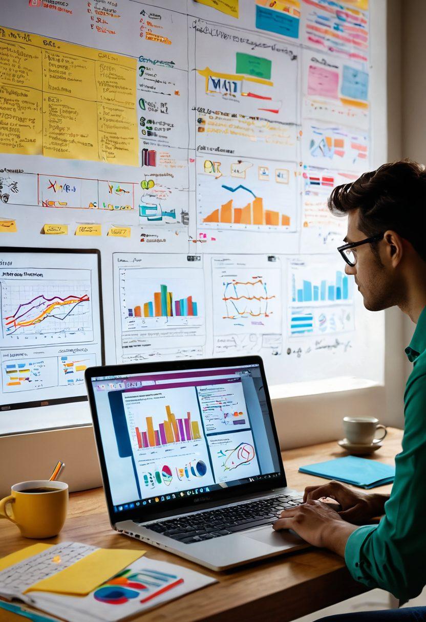 A dynamic workspace featuring a person passionately engaging with digital evaluation tools on a laptop, surrounded by vibrant graphs and performance metrics floating around them. A warm light beams from the screen, symbolizing growth and insights. Include elements like colorful post-it notes and a cup of coffee to evoke creativity and focus. The background showcases a wall filled with inspiring quotes and diagrams. super-realistic. vibrant colors. cozy ambiance.