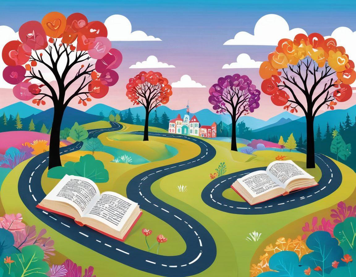 A whimsical illustration of a winding road symbolizing a romantic journey, with vibrant landmarks such as open books, digital screens, and heart-shaped trees representing web-based assessments. Include students joyfully engaging with technology and sharing knowledge, with soft, pastel skies above them. Emphasize a sense of exploration and connectivity in education. vibrant colors. vector art.